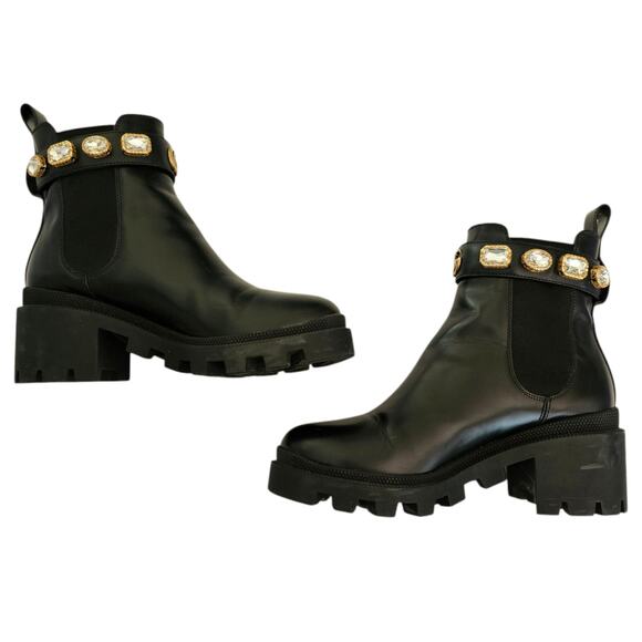 Gucci GG Trip Jewel Chunky Heel Chelsea Boot Size 36.5 US 6.5 Black Leather Gold - Picture 6 of 10